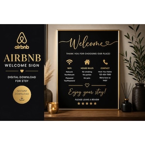 En skanning. Inga frågor. 5-stjärniga recensioner. | Lyxig svart & guldfärgad Airbnb-välkomstskyltmall | QR-kod för gästguide | Canva direktnedladdning