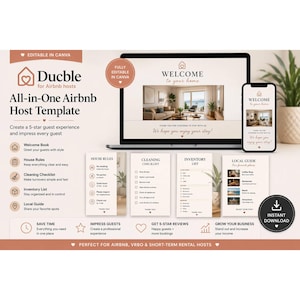Puede incluir: Imagen de marketing digital que muestra una plantilla de anfitrión de Airbnb. El diseño incluye una computadora portátil y un teléfono inteligente que muestran un mensaje de bienvenida, listas de verificación y guías. La plantilla es totalmente editable en Canva.
