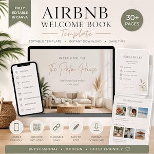 Puede incluir: Una plantilla de Libro de Bienvenida de Airbnb con el título "The Palm House" en la pantalla de un portátil. El diseño incluye una interfaz para móviles, código QR, enlaces clicables y descarga instantánea. La plantilla es totalmente editable en Canva.