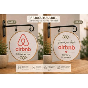 Puede incluir: Letrero de Airbnb de doble cara con soporte de metal negro. Un lado dice "Airbnb Bienvenidos" con el logo de Airbnb, el otro "Gracias por elegir Airbnb". El letrero es blanco con borde dorado.