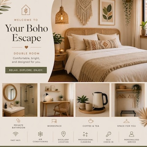 Puede incluir: Anuncio de una habitación doble, "Your Boho Escape", con cama, baño, espacio de trabajo y zona de café. La imagen contiene el texto "Relax. Explore. Enjoy."