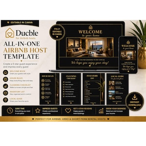 Puede incluir: Una plantilla digital para anfitriones de Airbnb, con un portátil, un teléfono y varios paneles informativos. El diseño es negro y dorado, con el texto "Bienvenido a tu hogar". Incluye secciones para libros de bienvenida, normas de la casa y listas de verificación de limpieza.