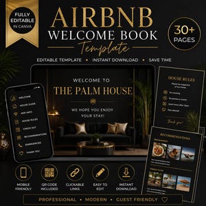 Puede incluir: Plantilla de libro de bienvenida de Airbnb con un diseño en negro y dorado. La plantilla incluye secciones para las reglas de la casa, recomendaciones y un mensaje de bienvenida. Descarga instantánea.