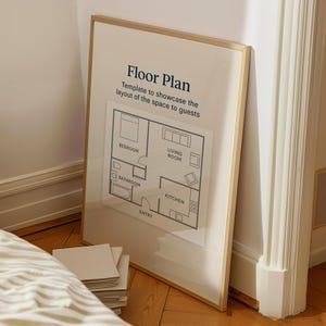 Puede incluir: Un plano de planta enmarcado con un marco dorado, apoyado contra una pared blanca. El plano de planta muestra un dormitorio, un baño, una sala de estar y una cocina. El texto dice "Floor Plan" y "Template to showcase the layout of the space to guests."