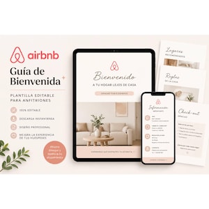 Puede incluir: Una plantilla de guía de bienvenida de Airbnb para anfitriones, que se muestra en una tableta y un teléfono inteligente. El diseño presenta una combinación de colores rosa suave y blanco con el logotipo de Airbnb. La guía incluye secciones de bienvenida, información importante y salida.