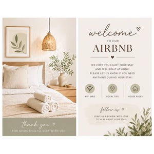 Puede incluir: Un letrero de bienvenida de Airbnb con texto e iconos, junto a una cama con toallas enrolladas. El letrero dice "bienvenido a nuestro Airbnb" e incluye iconos para WiFi, consejos locales y reglas de la casa. El otro letrero dice "gracias".