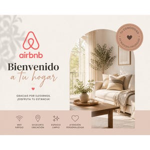 Puede incluir: Un anuncio de Airbnb con el logotipo y las palabras "Bienvenido a tu hogar" en una fuente de escritura. La imagen muestra una sala de estar con un sofá, una mesa de centro y plantas decorativas. El texto dice "Gracias por elegirnos. ¡Disfruta tu estancia!"