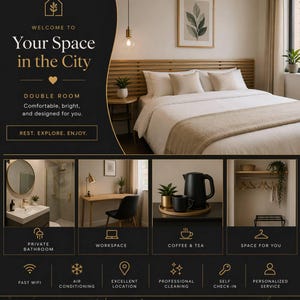 May include: An advertisement for a double room in the city. The image shows a bedroom with a bed, a bathroom, a workspace, coffee and tea, and space for you. The text says "Welcome to Your Space in the City".