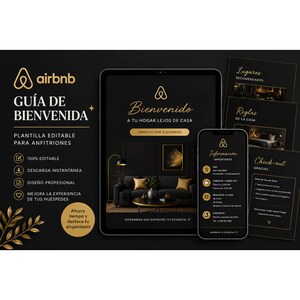 Puede incluir: Una plantilla digital de guía de bienvenida de Airbnb con un diseño en negro y dorado. La guía incluye secciones para mensajes de bienvenida, lugares recomendados, reglas de la casa e instrucciones de salida. La plantilla es editable.