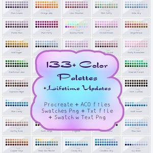 Peut inclure: Une collection numérique de plus de 133 palettes de couleurs comprenant des fichiers Procreate et ACO, des échantillons PNG et des fichiers texte. Le graphique central affiche le texte 133+ Color Palettes + Lifetime Updates, Procreate + ACO files, Swatches Png + Txt file + Swatch w Text Png.