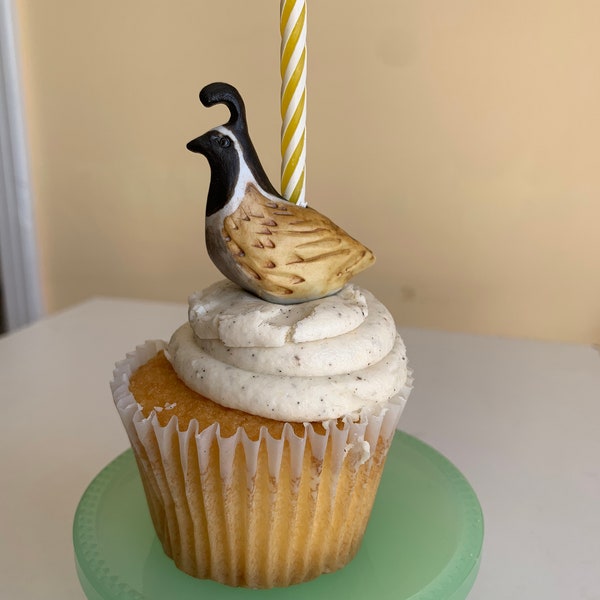 perky quail candle holder, cake topper