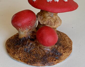 red capped mushroom sculpture, incense holder, cottagecore