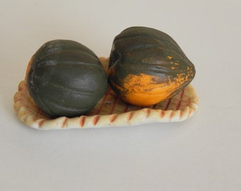 teeny tiny porcelain acorn squashes and basket, dollhouse miniatures