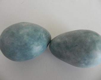 pair of of blue porcelain duck eggs, small hen eggs, faux food, photo display