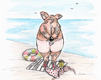 May include: A cartoon pig wearing a pink bikini and red high heels stands on a beach with a beach towel, a life preserver, and a can of sunscreen. The towel says "Thank you for visiting Tone Free City".
