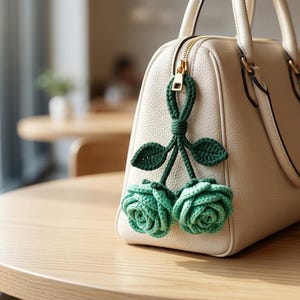 May include: A cream-colored handbag with a textured surface and gold-tone zipper hardware. Attached to the zipper pull is a decorative accessory featuring two crocheted light green roses with dark green stems and leaves hanging from a loop.