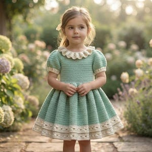May include: A sage green crochet dress featuring short puff sleeves, a ruffled collar, and a cream-colored decorative border along the hem and sleeve cuffs. The garment has a fitted bodice and a flared, pleated skirt with intricate stitch details.