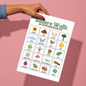 May include: A white paper titled "Nature Walk Scavenger Hunt" is held against a pink background. The paper features a grid of illustrated items like a flower, cloud, butterfly, bee, and ladybug.