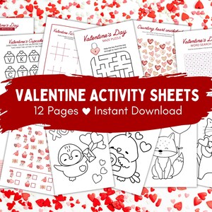 May include: A set of 12 printable Valentine's Day activity sheets for kids. The sheets feature a variety of activities, including a word search, a maze, a code breaker, a counting activity, and coloring pages. The sheets are decorated with hearts and other Valentine's Day themes.