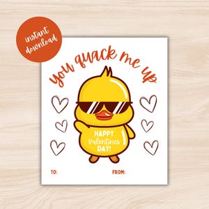 Cartão de Dia dos Namorados para impressão para sala de aula infantil, You Quack me Up Valentine Exchange Party, download instantâneo, etiqueta de pato Valentine