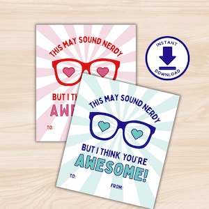 May include: Two greeting cards with the text "This may sound nerdy but I think you're awesome!" The cards feature glasses with heart-shaped lenses. One card is pink with red glasses, the other is blue with teal glasses.