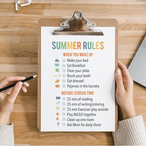 Tabla de tareas de verano (NO editable) - Tabla de tareas imprimible para niños - Lista de verificación de verano - Rutina - Reglas - Tiempo de pantalla permitido