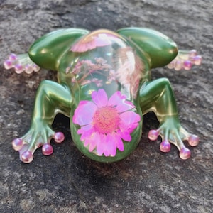 Resin Frog:Handcrafted Frog Figurine-Home Decor- Pink Floral (Made With Real Dried Flowers)