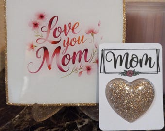 Resin Mom Tile and Coaster Set with Stand, Pocket Heart – Love You Mom Gift