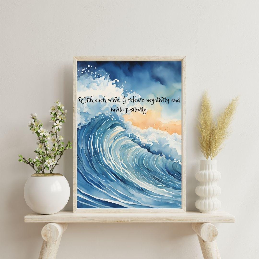 Positive Energy Ocean Wave Wall Art – Watercolor Inspirational Quote ...