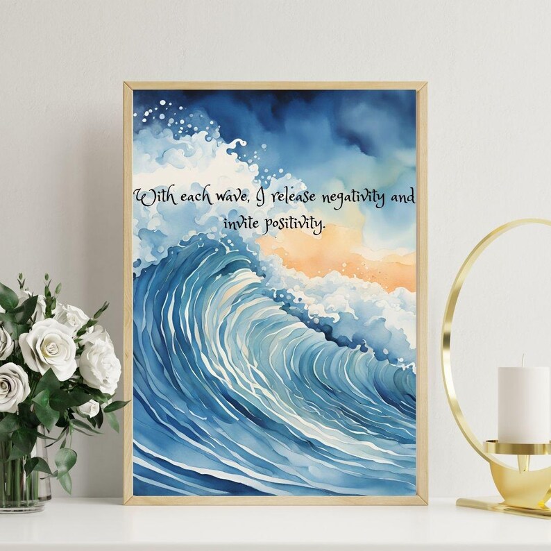 Positive Energy Ocean Wave Wall Art – Watercolor Inspirational Quote ...