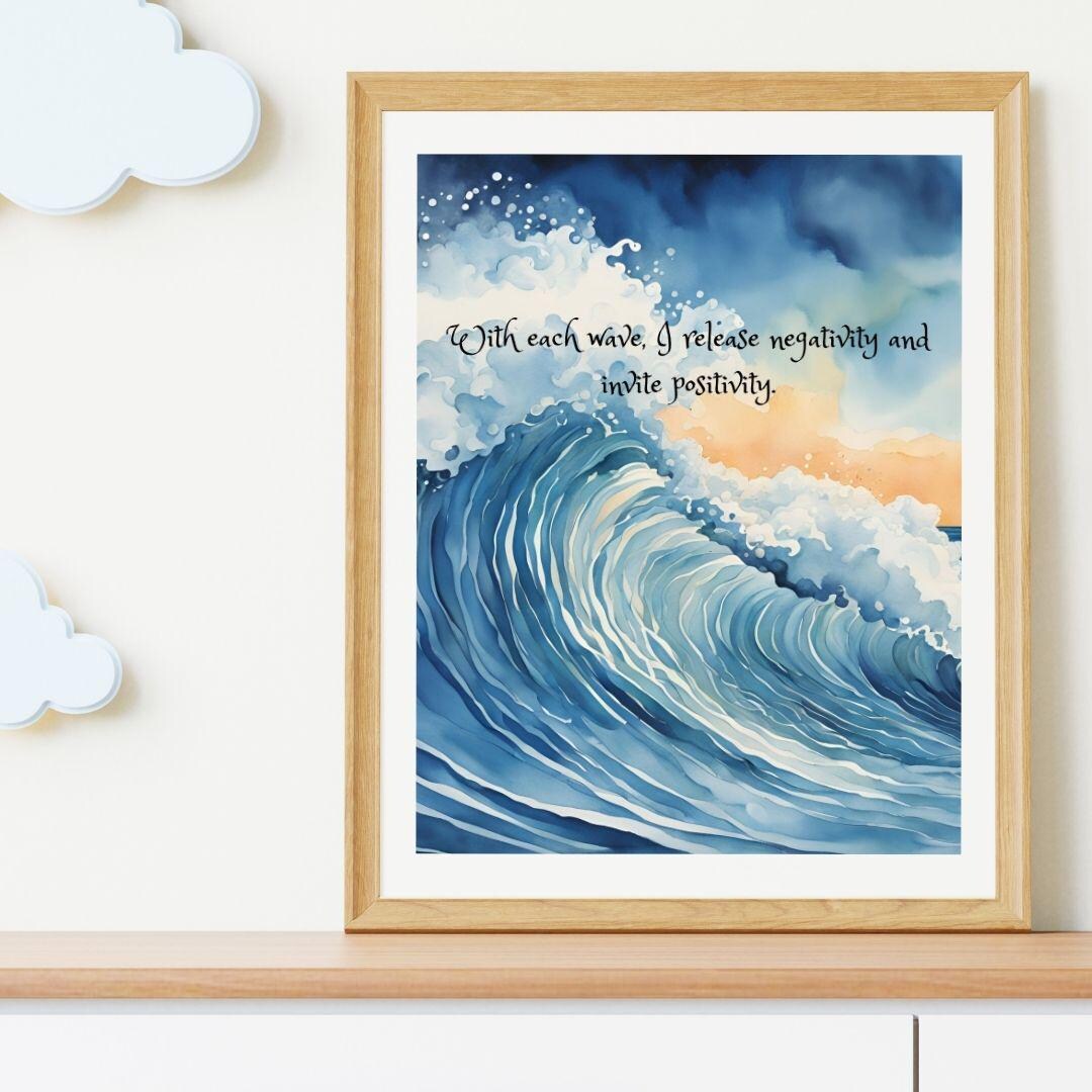 Positive Energy Ocean Wave Wall Art – Watercolor Inspirational Quote ...