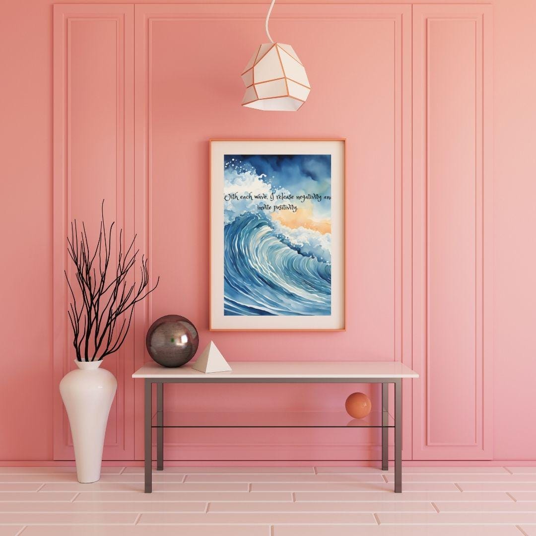 Positive Energy Ocean Wave Wall Art – Watercolor Inspirational Quote ...