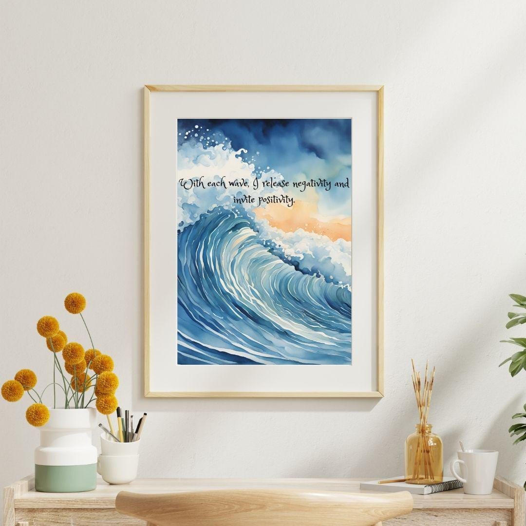 Positive Energy Ocean Wave Wall Art – Watercolor Inspirational Quote ...