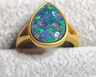 Mosaic Opal Triplet Water Drop Ring, 3.85 cts, Gold Tone Sterling Silver