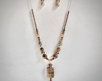 Earthy gemstone necklace & earring set; artisan beaded jewelry