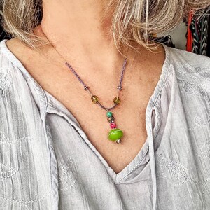 Boho Beaded Pendant Necklace: Glass, Malachite, & Silver