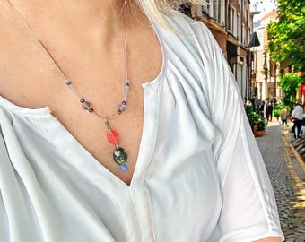 Jasper & Swirled Glass Necklace: Boho Gemstone Pendant