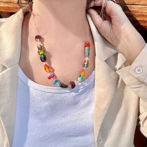 Two-Tone Recycled African Glass Beaded Necklace: Handmade 11&quot; Statement Jewelry