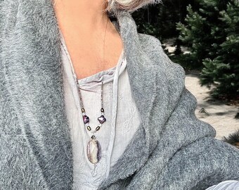 Bohemian Purple Stripe Jasper Necklace: Lilac, Pearl & Crystal - Handmade