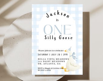 One Silly Goose verjaardagsuitnodiging blauw, 1e verjaardag Canva bewerkbare One Silly Goose uitnodiging, Goose thema verjaardagsfeestje uitnodiging sjabloon