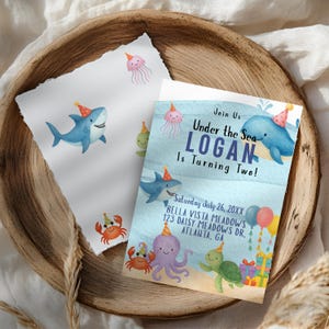 Invitación de cumpleaños bajo el mar (Acuarela), Invitación de cumpleaños con animales marinos, Plantilla editable bajo el mar, Cumpleaños del océano, Criaturas marinas