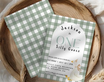 One Silly Goose Birthday Invite Green, 1st Birthday Canva Editable One Silly Goose Invitation, Goose Theme Birthday Party Invite Template