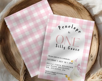 One Silly Goose Birthday Invite Pink, 1st Birthday Canva Editable One Silly Goose Invitation, Goose Theme Birthday Party Invitation Template
