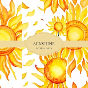 Sunshine Pattern Scrapbook Papier - Leuchtend gelbes digitales Papier mit Sonnenmotiven & Sommer Vibes für Journals, Karten, DIY Crafts