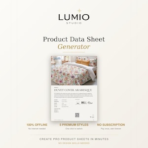Op de afbeelding: Een productgegevensblad van Lumio Studio toont een dekbedovertrek met een bloemenontwerp. De tekst bevat "Duvet Cover Arabesque", "100% Offline", "5 Premium Styles" en "No Subscription". Het blad is ontworpen om in enkele minuten productbladen te maken.