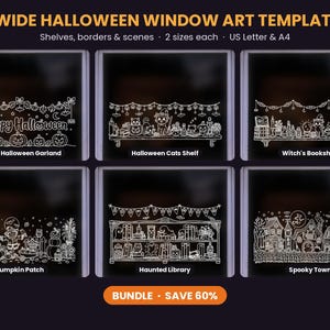 Könnte beinhalten: Sechs weiße Halloween-Fenstervorlagen mit Happy Halloween Garland, Halloween Cats Shelf, Witch's Bookshelf, Pumpkin Patch, Haunted Library und Spooky Town. Die Designs sind in einem Raster auf dunklem Hintergrund angeordnet.
