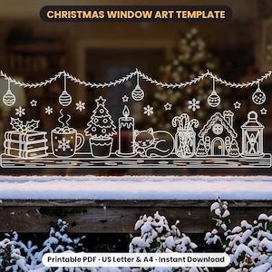 May include: A white line art Christmas window art template featuring a shelf with books, a mug, a tree, a candle, a cat, candy canes, a house, and a lantern, topped with hanging ornaments. Text reads: CHRISTMAS WINDOW ART TEMPLATE. Printable PDF.
