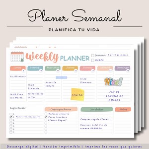 May include: A stack of weekly planner sheets with a pastel color scheme. The top sheet has the title "Planer Semanal" and "Weekly Planner" in a script font. The planner includes sections for each day of the week, with space for notes and to-do lists.