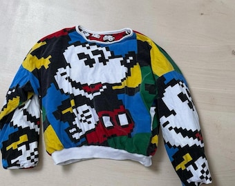Vintage 80s Mickey Mouse Reversible Puffy Sweatshirt Pixel 8-Bit Large AOP