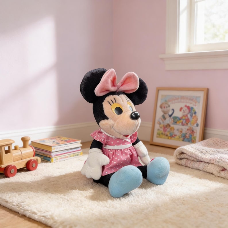 A Minnie Mouse plush toy is sitting on a white rug in a room with a pink wall, surrounded by children's toys and books.